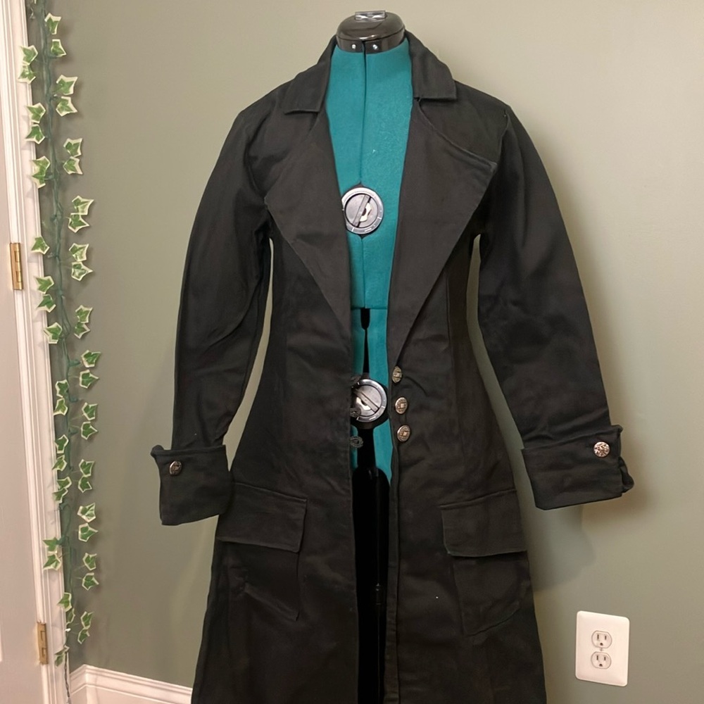 Gothic Pirate trench coat Red Balls on Fire Reverend Coat 100% cotton black